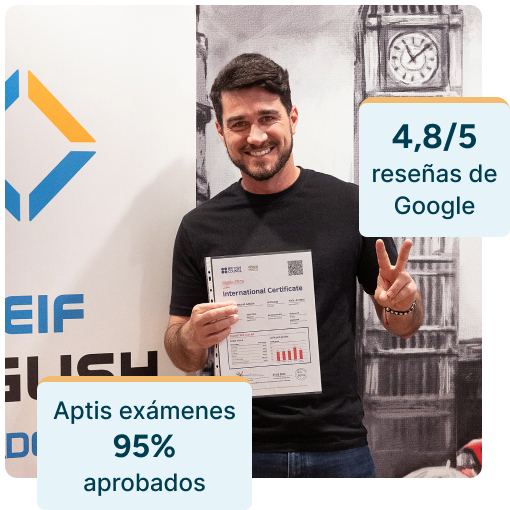 Estudiante sonriente frente a la cámara en nuestra academia de inglés, sujetando su certificado de aprobado del examen Aptis; se muestran textos que destacan una valoración de 4,8 sobre 5 en Google Reviews y una tasa de aprobado del 95% en el Aptis por parte de los alumnos de nuestro centro.