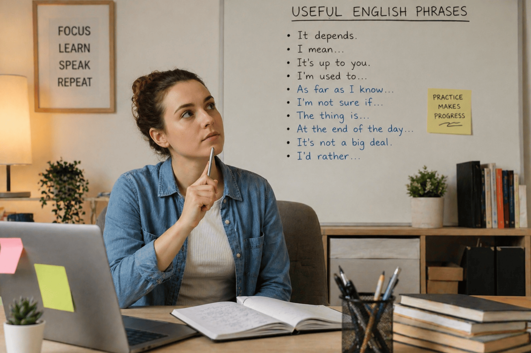 Persona revisando expresiones en inglés para incorporarlas a su conversación