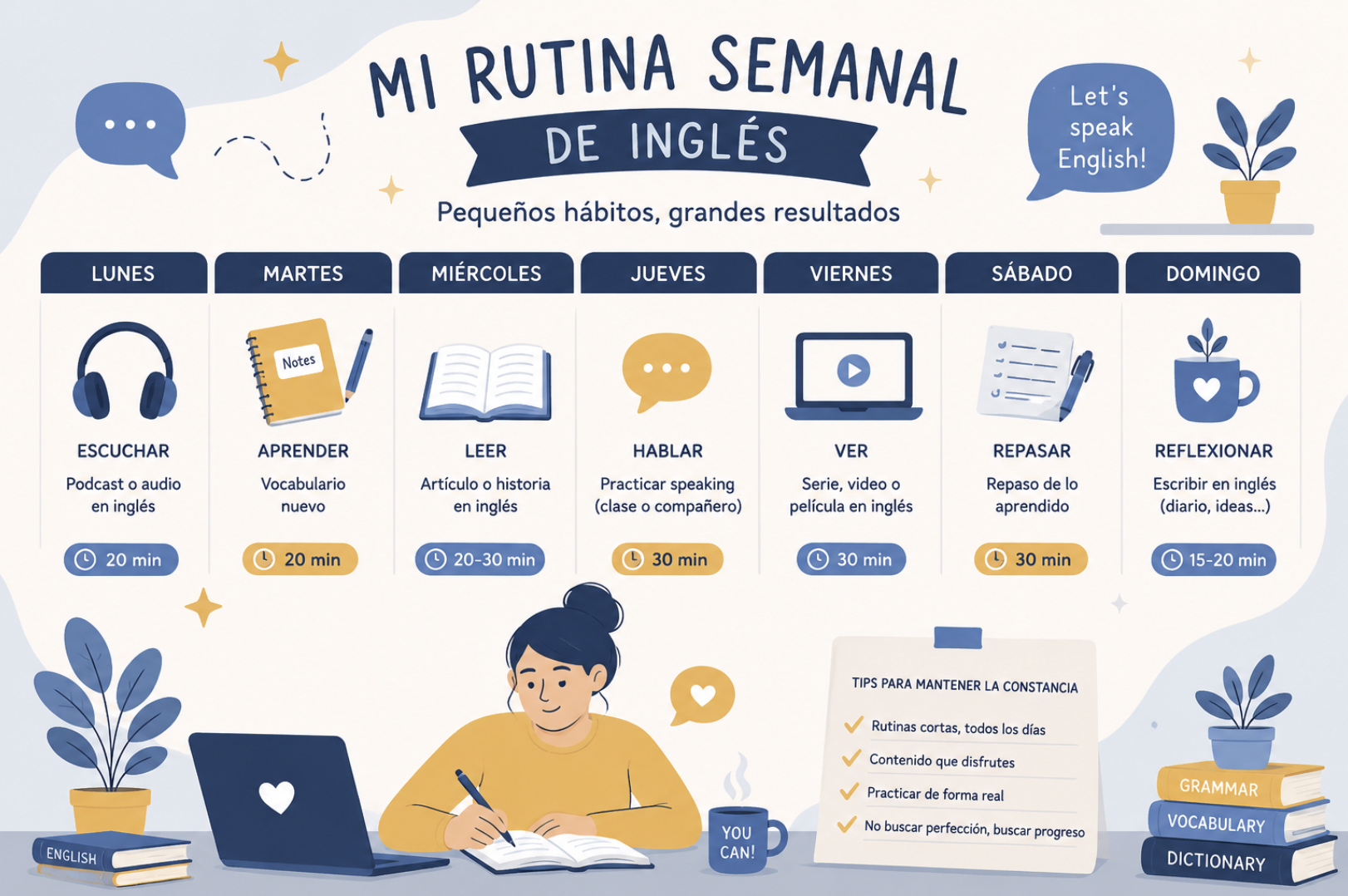 Adulto compaginando trabajo y aprendizaje de inglés con una rutina organizada